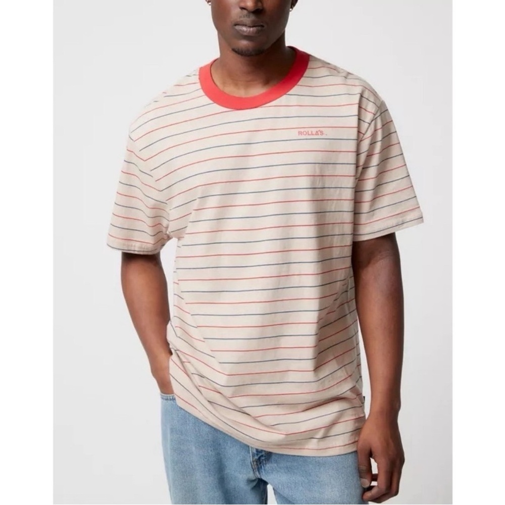 NWT Rolla's Men Tan Striped Ringer Basic Cotton T-Shirt LARGE Casual Preppy